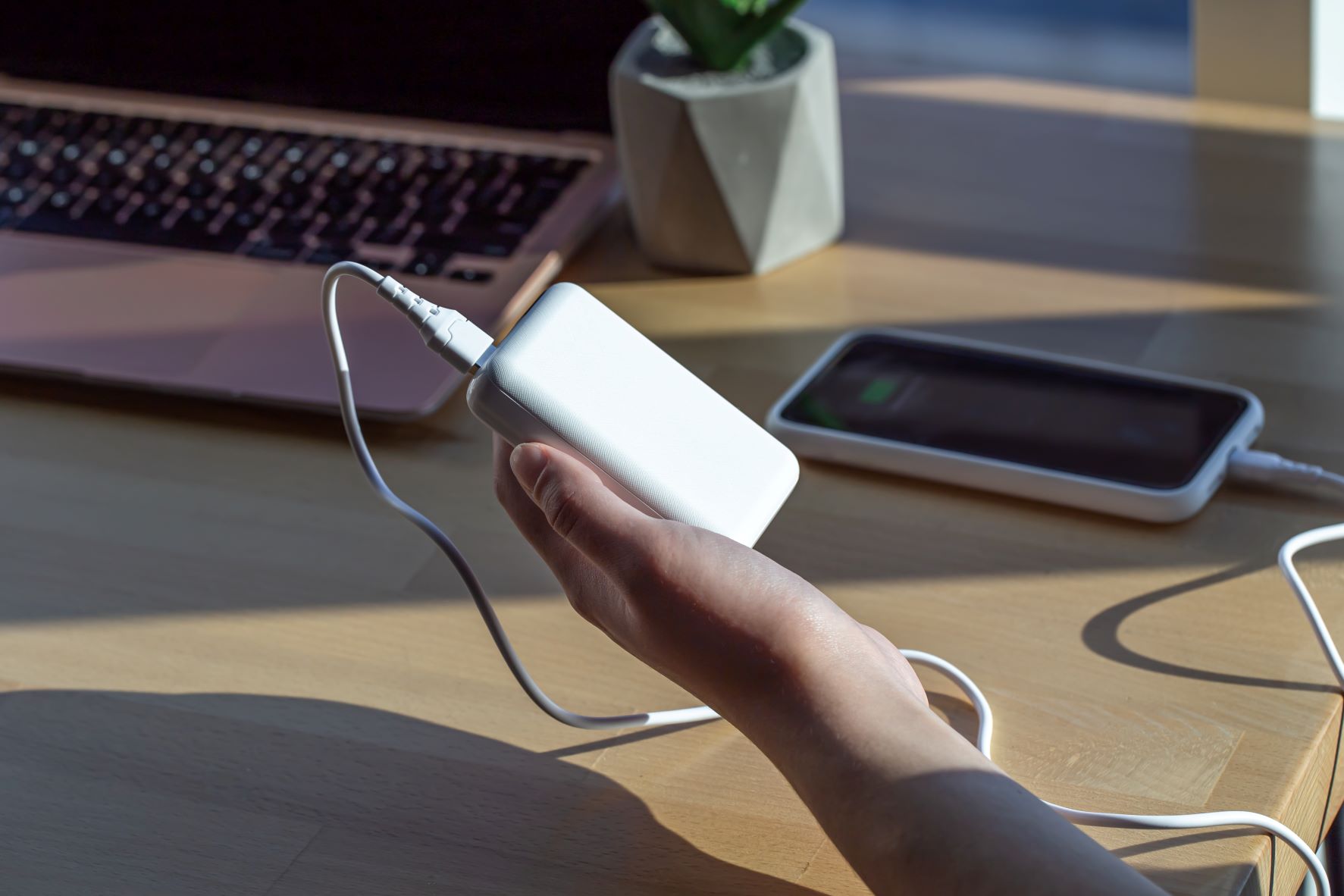 small white power bank in a womans hand